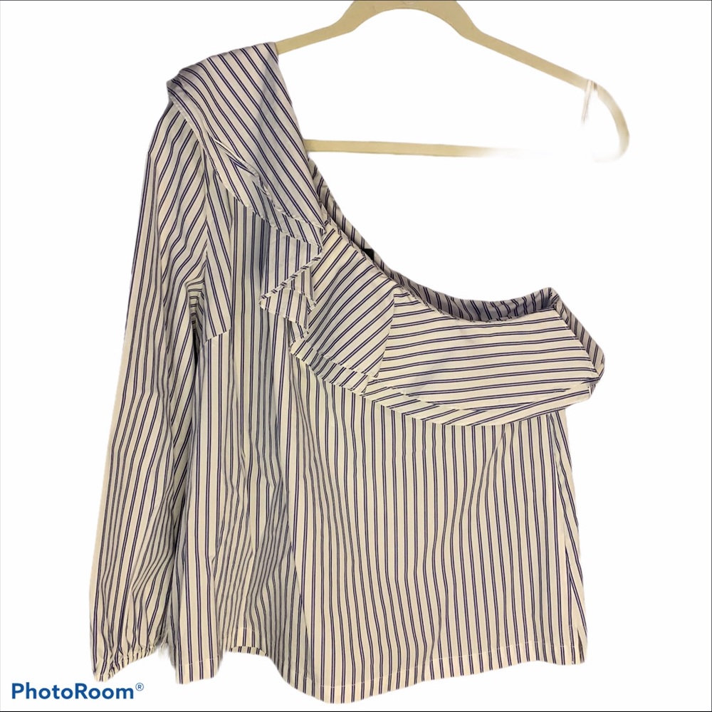 J. Crew 12 pinstripe one shoulder blouse ruffle
